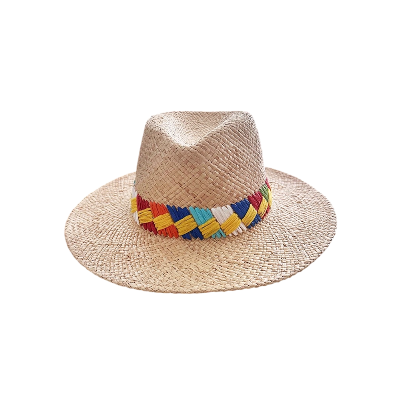 Ethnic style straw fedora hat summer sun hat with colorful woven band