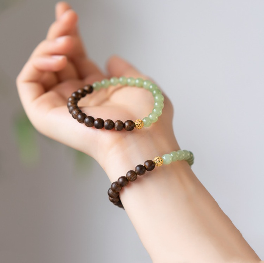 Wood Element Agarwood & Hetian Jade Bracelet Mellow Aroma of Aged Wood Jade Blessing Enhancement