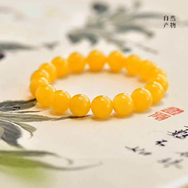 Earth Element Yellow Beeswax Bracelet Natural Amber Handmade Beads Energy Balance
