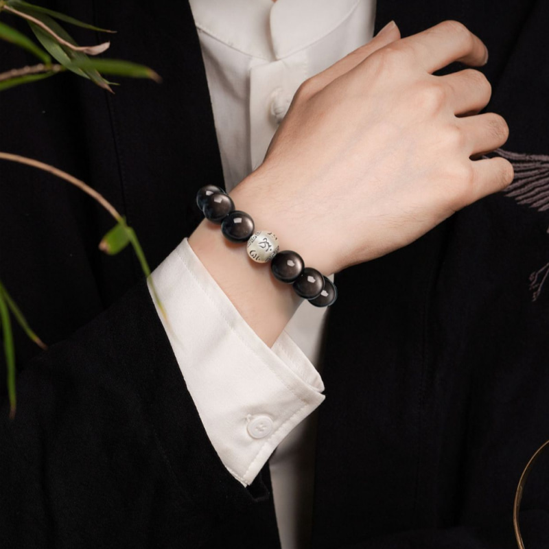 Handcrafted Obsidian Bead Bracelet Water Element Guardian Stone Block Negativity & Attract Luck