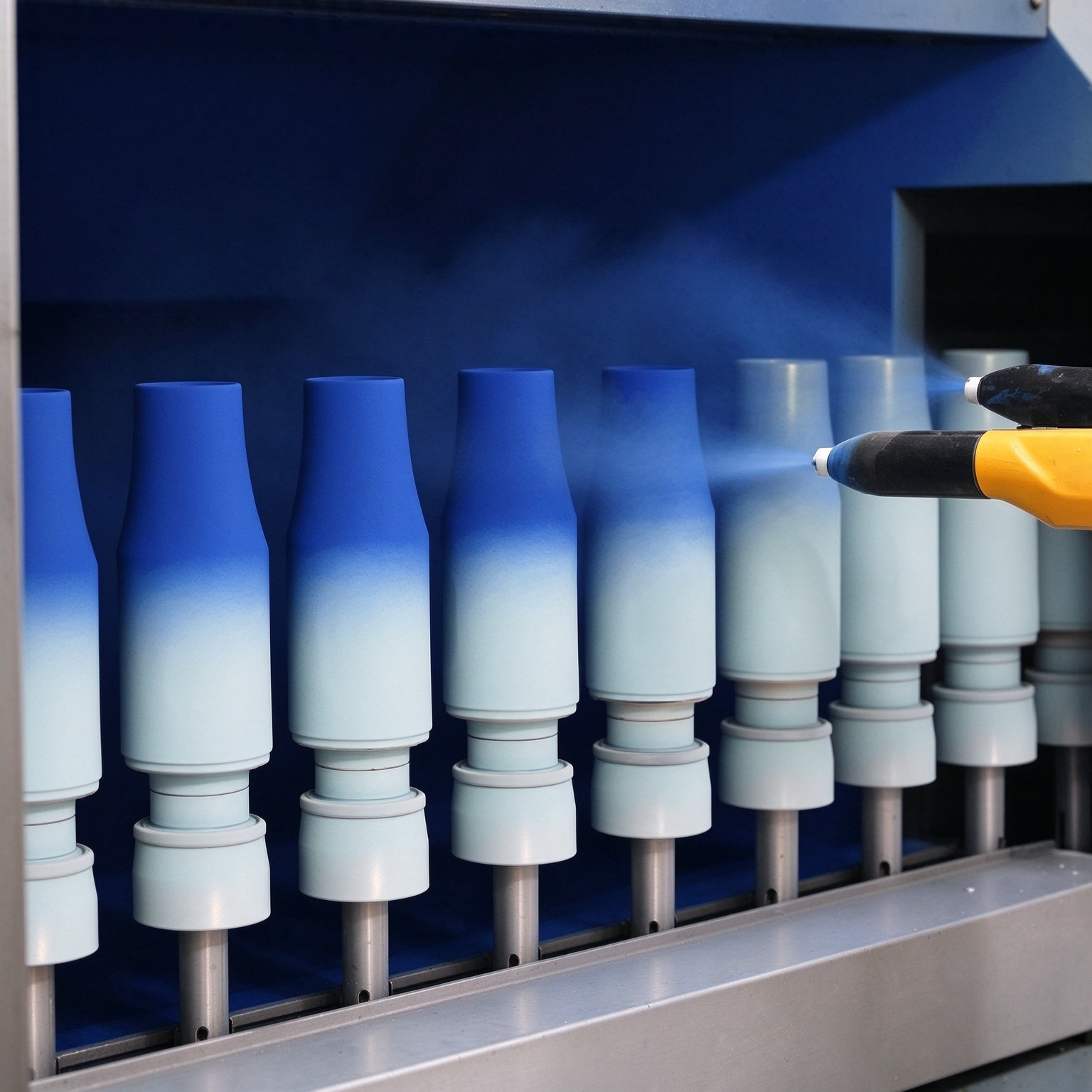 An automated spray nozzle applying a blue powder coating to stainless steel water bottles on an industrial production line.